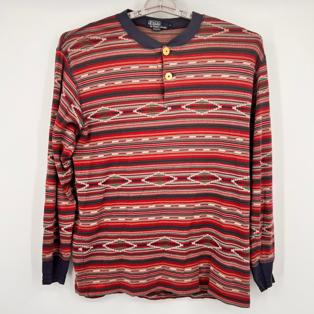Vintage Polo Ralph Lauren Southwestern Henley Shirt Mens Large USA Cotton Red